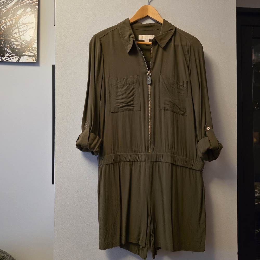 Michael Kors Olive Green Golden Zipper Romper, Size 8, As New